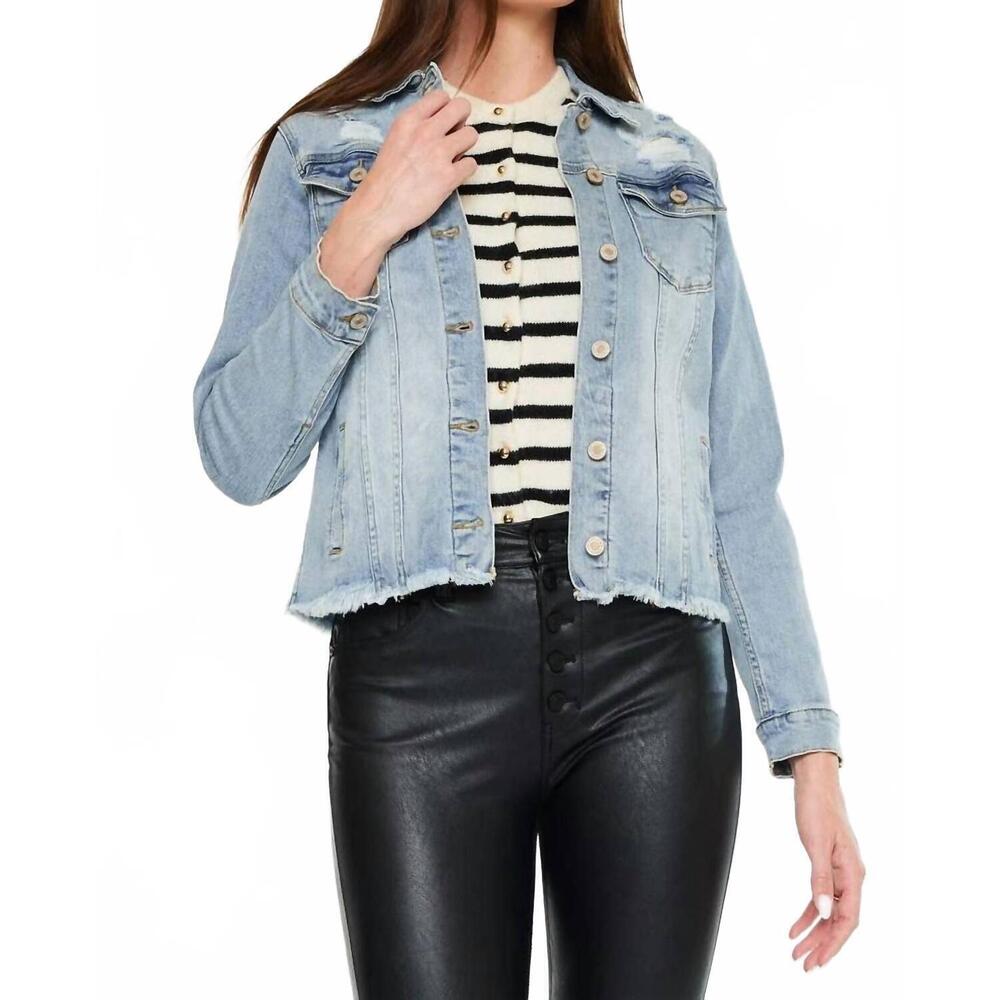 NEW KANCAN wilson open pack frayed hem trucker jacket in medium wash